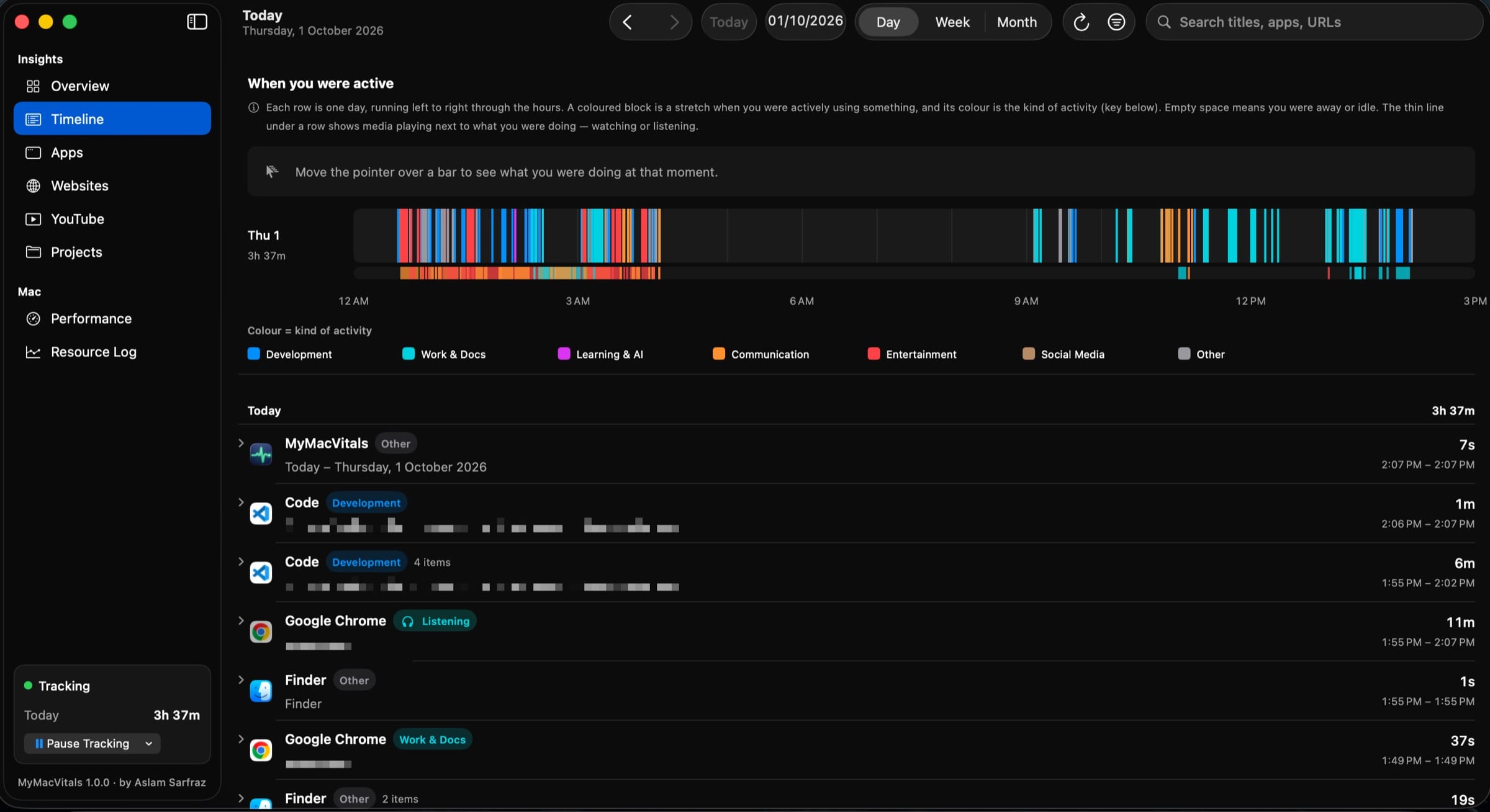 The Timeline: one coloured bar for the whole day, then every stretch in each app